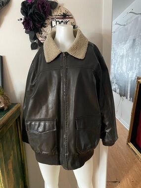 Faded Glory Dark Brown Bomber Jacket with Tan Sherpa Collar